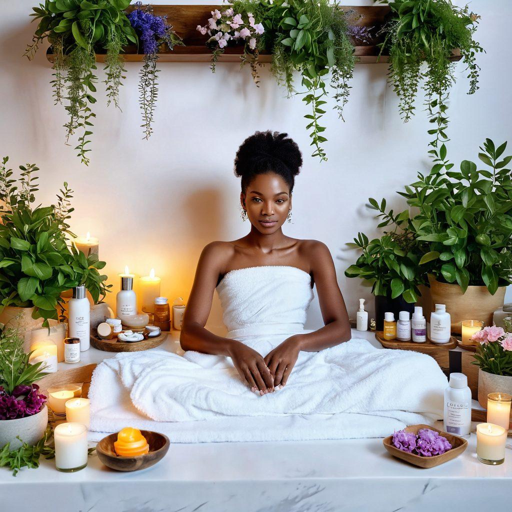 A serene spa-like setting featuring diverse individuals applying Aloette beauty products, surrounded by fresh herbs and flowers symbolizing wellness. Incorporate elements like glowing skin, vibrant skincare products, and nature-inspired decor. Soft, soothing lighting to evoke a sense of tranquility and self-care. super-realistic. vibrant colors. soft background.