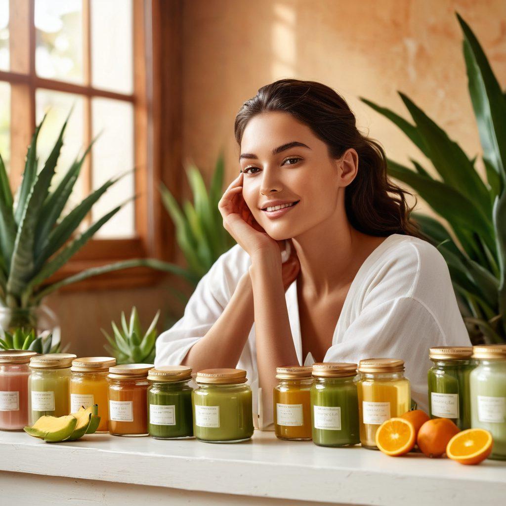 A serene skincare scene featuring a diverse group of women enjoying a radiant glow, surrounded by natural elements like aloe vera plants, soothing creams, and vibrant fruits. Soft sunlight streams in, creating an inviting and warm atmosphere, while elegant glass jars with labels showcase various beauty secrets. The backdrop includes a hint of lush greenery, emphasizing health and vitality. super-realistic. vibrant colors. soft focus.