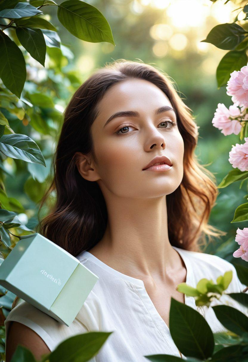 A serene close-up of a radiant woman with glowing skin, surrounded by natural elements like flowers and gentle sunlight filtering through leaves. Include various Aloette products artfully arranged in the foreground, showcasing their elegant packaging and textures. The atmosphere should evoke a sense of tranquility and beauty, with soft pastels and a hint of golden light. super-realistic. vibrant colors. soft focus.